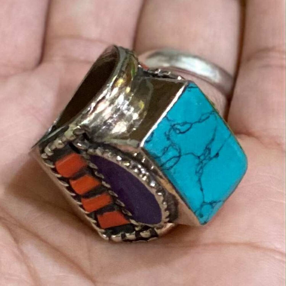 Bold Handcrafted Natural Tibetan Himalayan Multi Stone Statement Ring – Size 9